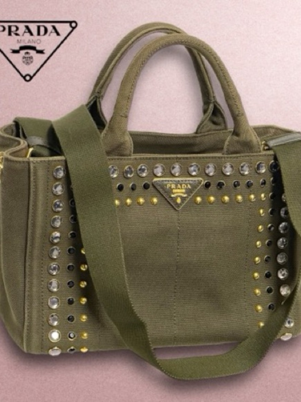 Prada Kanapa Olive Canvas Tote with Crystal and Gold Studs